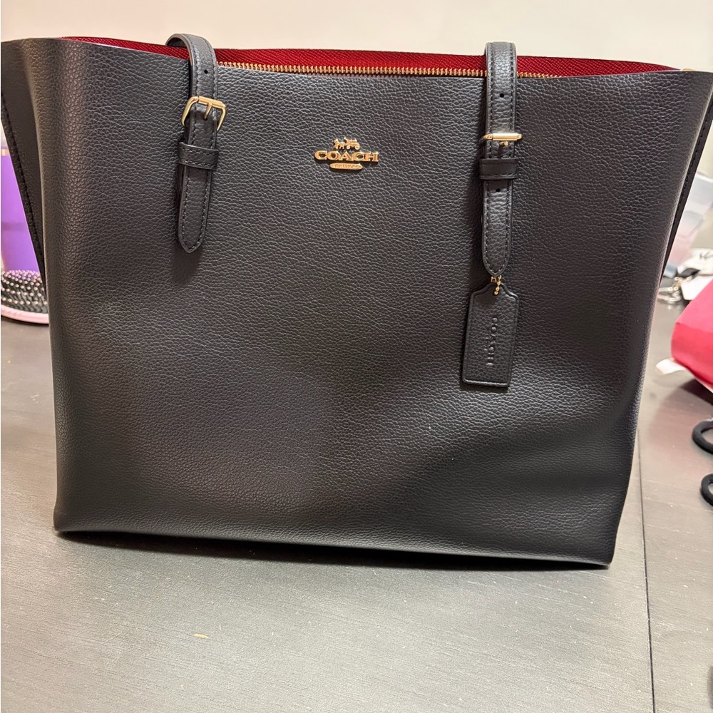 Coach Black Leather Tote with Red Interior (Mollie Tote)